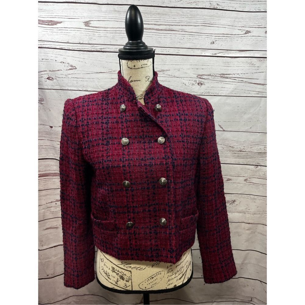 Anne Klein Women's Size 6 Double Breasted Tweed Blazer Jacket Burgundy‎ Plaid